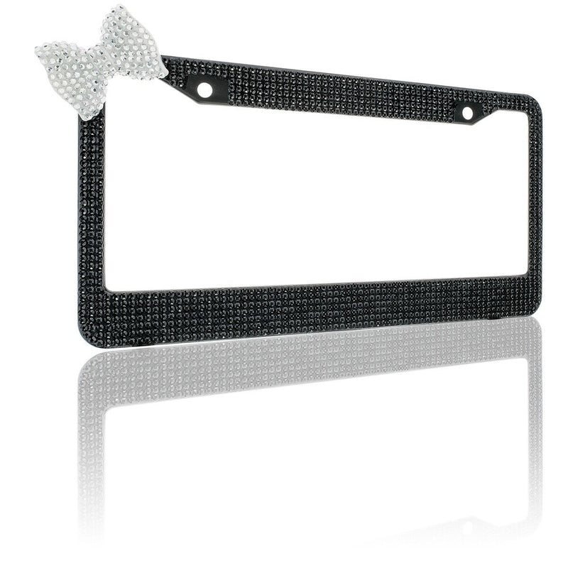 Black 7 Rows Bling Diamond Crystal License Plate Frame With Corner Clear Bow Tie