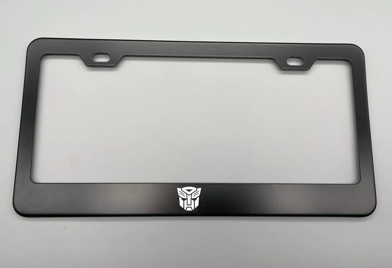 laser engraved AUTOBOT TRANSFORMERS Black Stainless Steel License Plate Frame, Road Legal, Universal Fitment, Screw-On, Front, Car