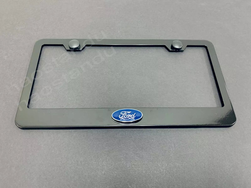 1x FORD LOGO 3D Emblem BLACK Stainless License Plate Frame RUST FREE + Screw Cap
