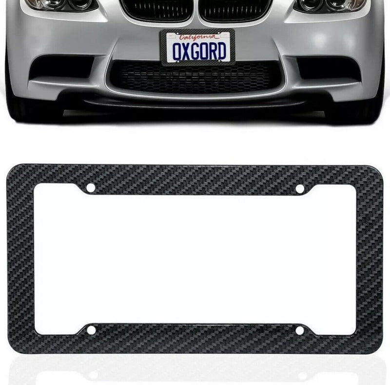 Black Car Carbon Fiber License Plate Frame Cover Front / Rear Universal USA Size