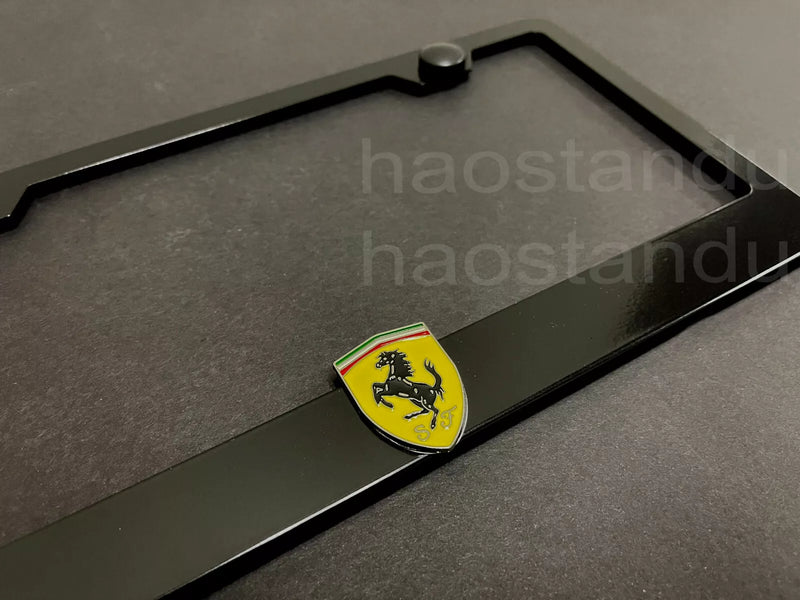 1x Ferrari Shield 3D Emblem Badge BLACK Stainless License Plate Frame RUST FREE
