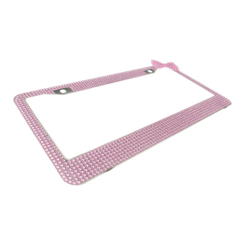 Pink 7 Rows Bling Diamond Crystal License Plate Frame With Corner Pink Bow Tie