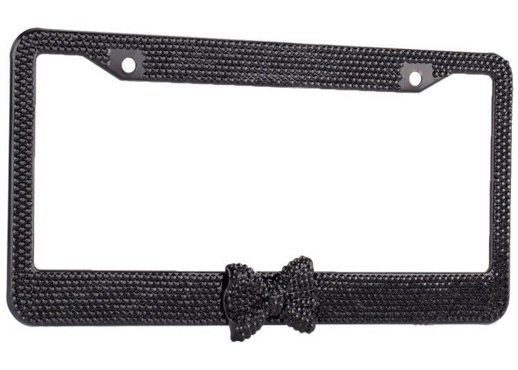 Black 7 Rows Bling Diamond Crystal License Plate Frame With Black Bow Tie
