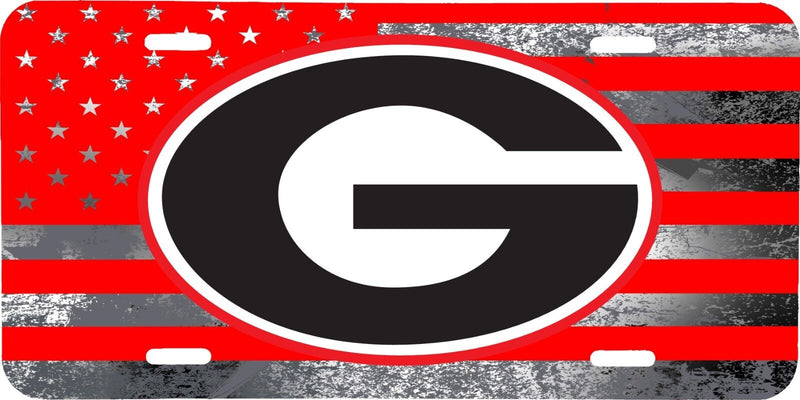 NCAA GEORGIA BULLDOGS DISTRESSED AMERICAN FLAG RED GRAY  ALUMINUM LICENSE PLATE TAG