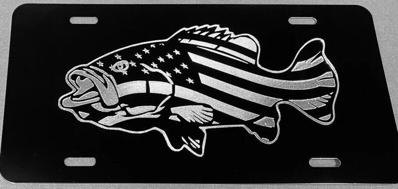 Bass Fishing USA Car Tag Engraved Etched on Black Aluminum License Plate GIFT