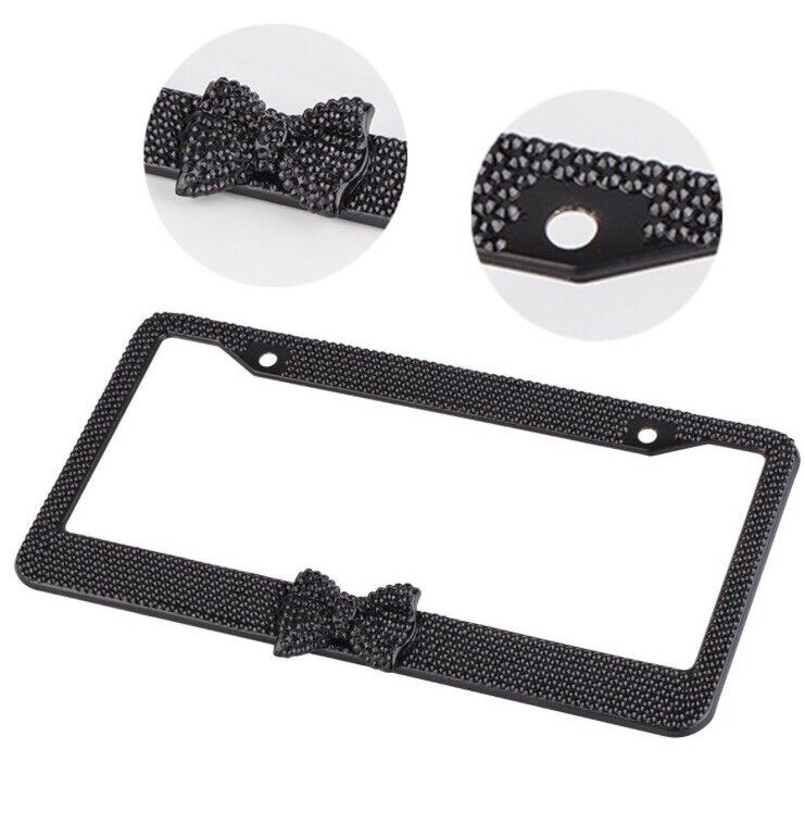 Black 7 Rows Bling Diamond Crystal License Plate Frame With Black Bow Tie
