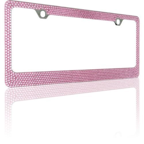 2 PACK Shining 7 Rows PINK Diamond Metal License Plate Frame+ Pink Ring+Caps