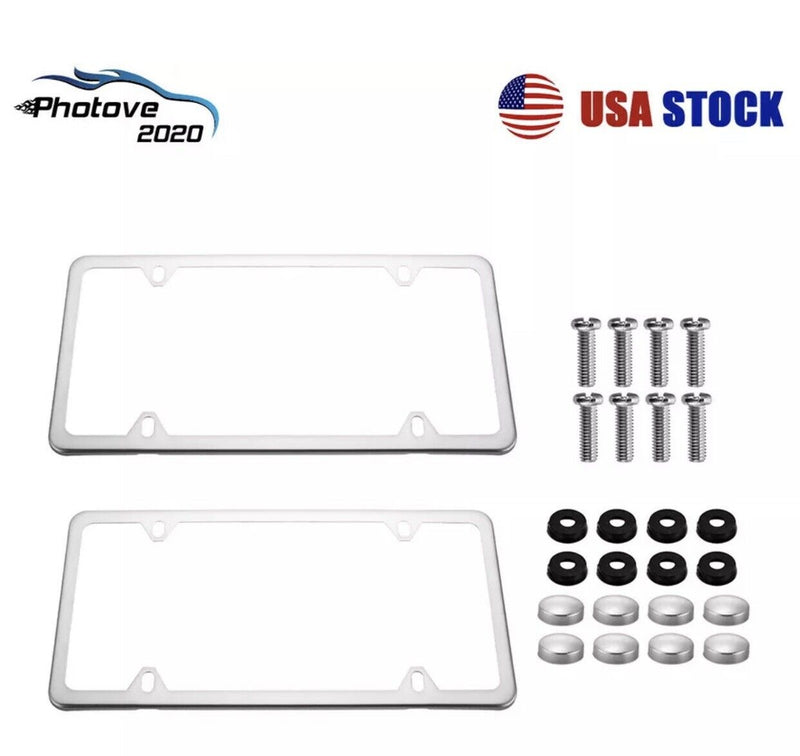 2Pcs Chrome Stainless Steel Metal License Plate Frame Cover With Screw Caps