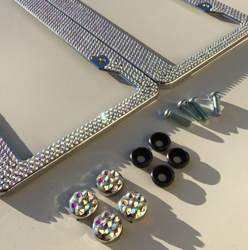 Pair Prism Effect Silver Bling Crystal RhineStone License Plate Frame Car Truck