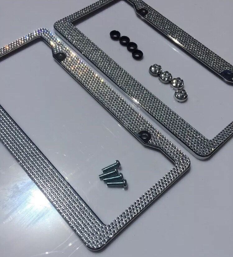 2x Metal License Plate Frame Bling Rhinestone Chrome Crystal Diamond