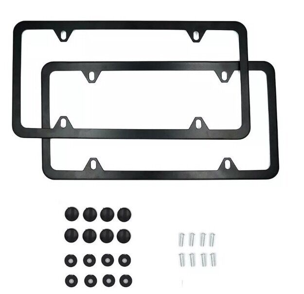 2PCS SLIM BLACK STAINLESS STEEL LICENSE PLATE FRAME SCREW CAP /SLIM 4 HOLE BF-2