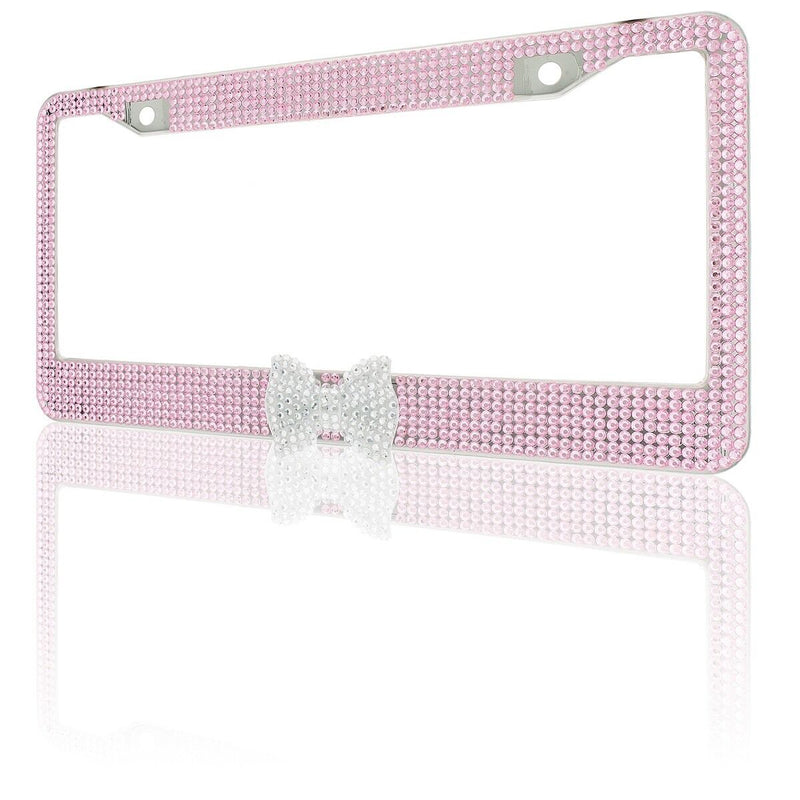 Pink 7 Rows Bling Diamond Crystal License Plate Frame With Clear Bow Tie