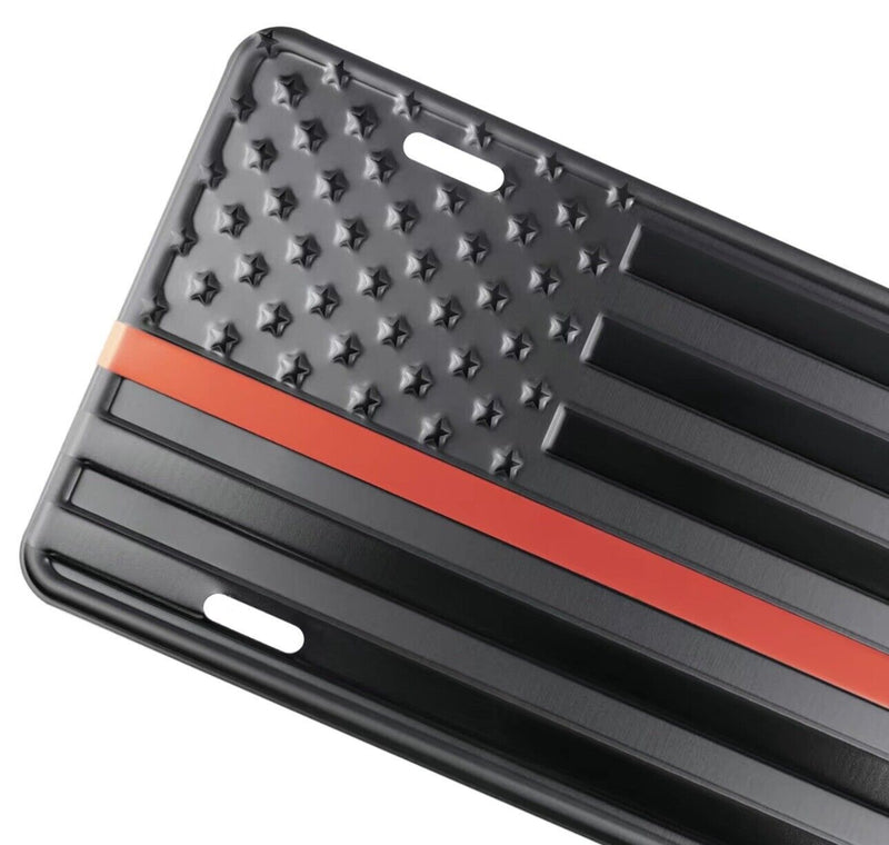 Thin Red Line Embossed American flag license plate & Frame Key Chain Combo Set