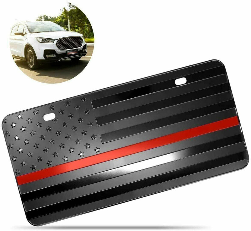 Black Aluminum Tactical Firefighter Flag Embossed License Plate Red Line