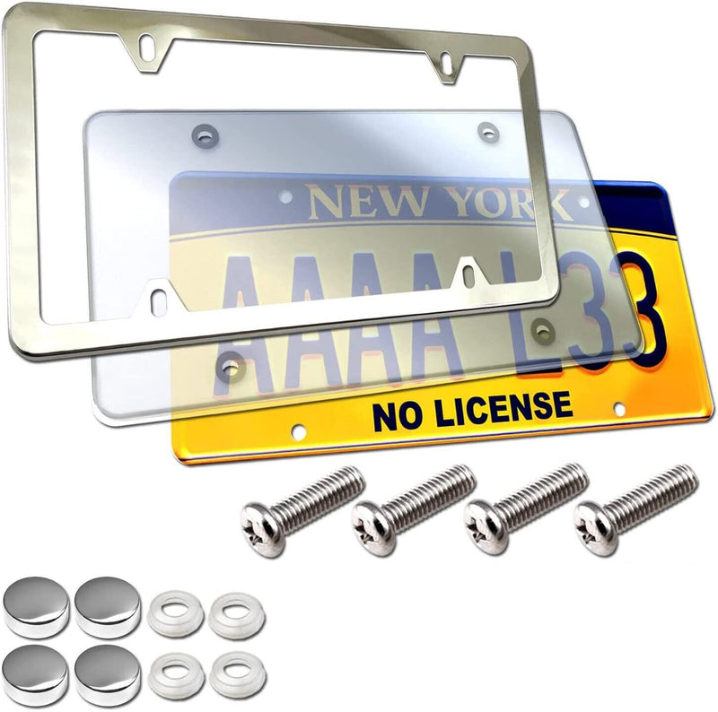 License Plate Cover Frame Combo - Clear Cover and Mirror Stainless Steel Holder