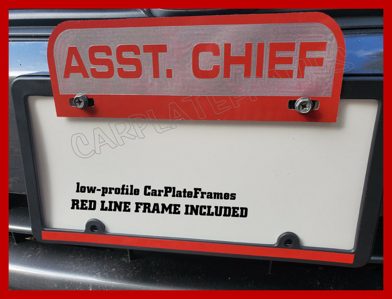 ALUMINUM ASST. CHIEF FIREFIGHTER PLATE TOPPER WITH RED LINE LICENSE PLATE FRAME
