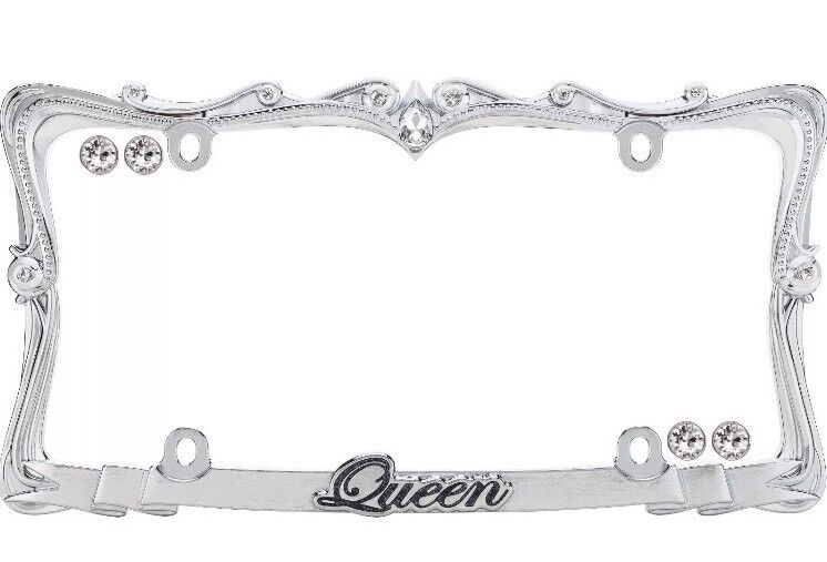 Queen License Plate Frame - Chrome with Clear Bling Crystals - wi. Diamond Caps!