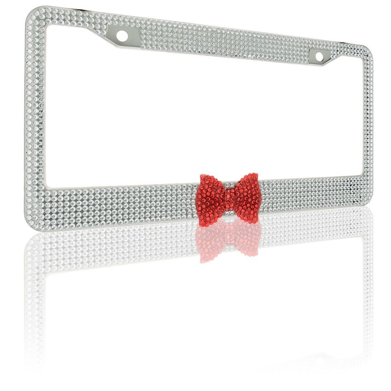 Clear 7 Rows Bling Diamond Crystal License Plate Frame With Red Bow Tie