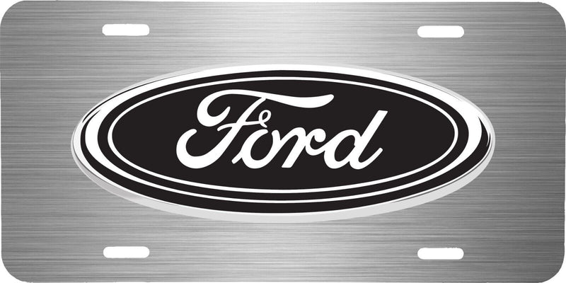 BLACK FORD WITH BRUSHED STEEL LOOK VEHICLE ALUMINUM LICENSE PLATE TAG .040 GA
