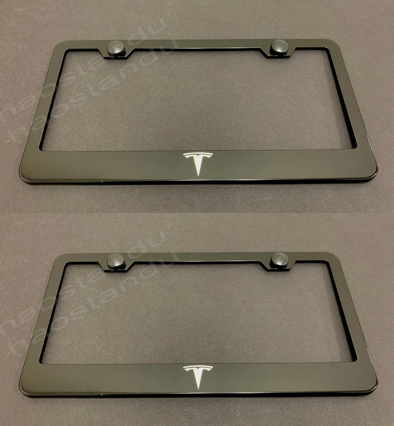2x Tesla LOGO BLACK Stainless Metal License Plate Frame w/Screw Caps