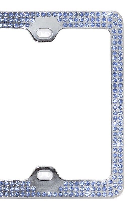 Crystal Blue Rhinestone Bling 3 Row Metal Car License Plate Frame w/ Caps