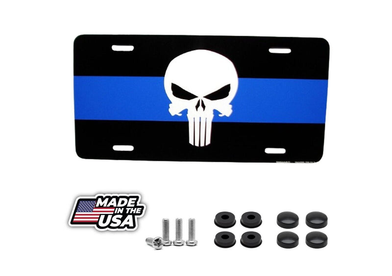THIN BLUE LINE SKULL METAL CAR LICENSE PLATE AUTO TAG. THIN BLUE POLICE
