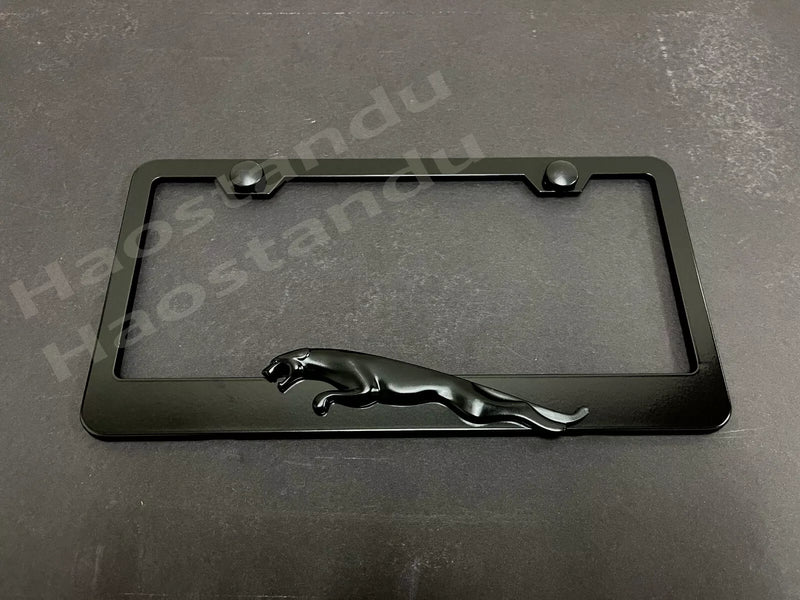 1x BLACK Jaguar LEAPER 3D Emblem BLACK Stainless License Plate Frame (L)