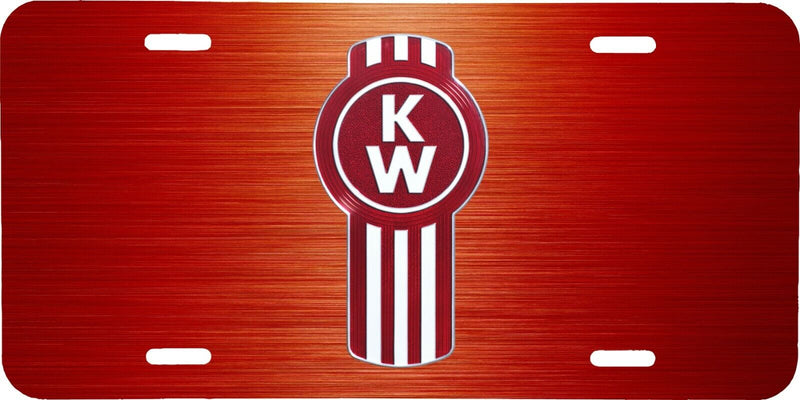 KENWORTH SEMI TRUCK LOGO RED BRUSHED STEEL LOOK VEHICLE LICENSE PLATE FRONT TAG