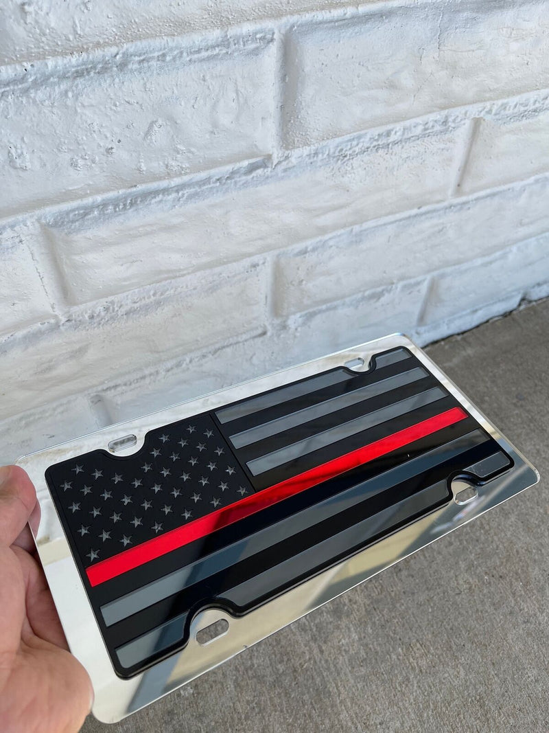 Blacked Out USA Flag Mirror Acrylic License Plate- Thin RED Line Fire, Ems