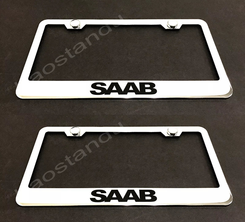 2x SAAB STAINLESS Chrome License Plate Frame w/screw Caps