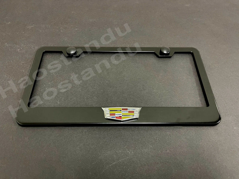 1x Cadillac LOGO 3D Emblem BLACK Stainless License Plate Frame RUST FREE (COLOR)