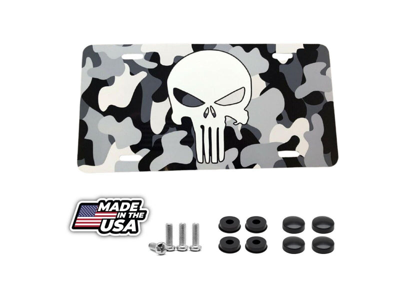 Punisher Camo, Black and White, Front License Plate