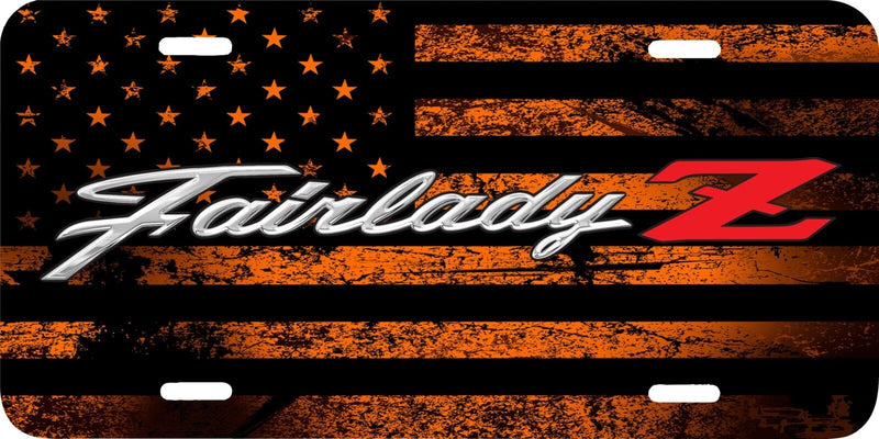 NISSAN FAIRLADY Z LOGO ORANGE AMERICAN FLAG VEHICLE FRONT LICENSE PLATE CAR TAG