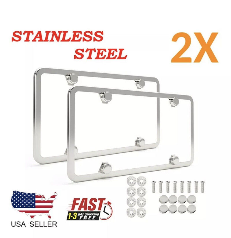 2Pcs Chrome Stainless Steel Metal License Plate Frame Cover With Screw Caps v3