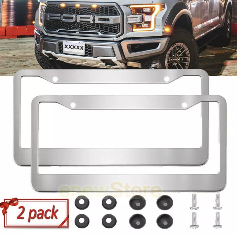 2PCS Heavy Duty Stainless Steel Metal License Plate Frame Cover Screw Caps