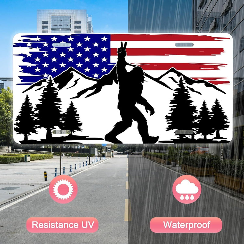 Sasquatch American Flag License Plate - Patriotic Bigfoot Car Tag