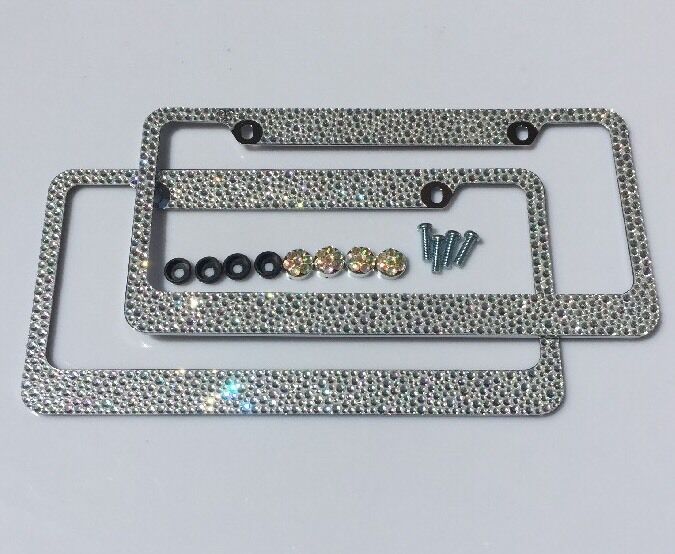 2 CLEAR AB MIX BLING 3000 RHINESTONES CRYSTALS LICENSE PLATE FRAME w/ SCREW CAPS