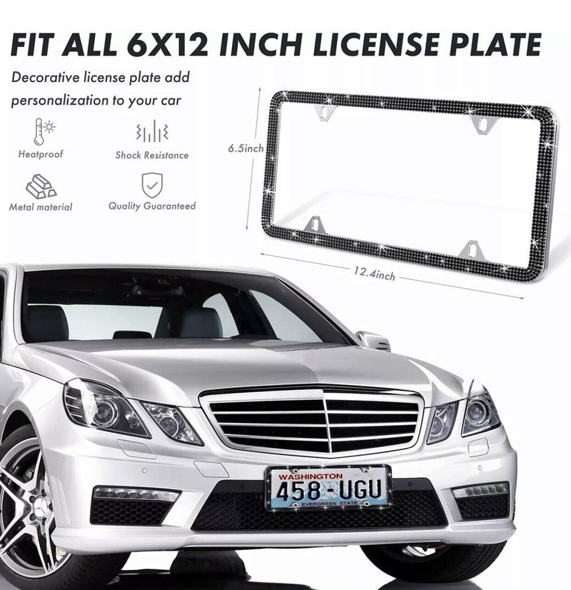 2pcs Black Thin Diamond Bling Glitter Crystal RhineStone License Plate Frame Car
