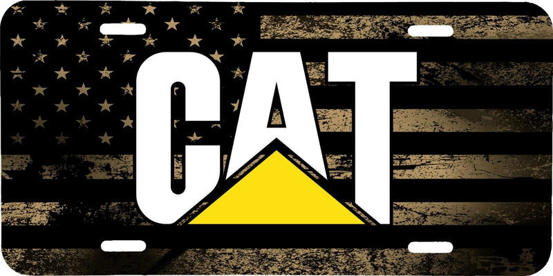 CAT CATERPILLAR DISTRESSED TAN AMERICAN FLAG VEHICLE LICENSE PLATE TRACTOR TAG
