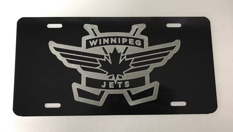 Winnipeg Jets Logo Car Tag Diamond Etched on Black Aluminum License Plate v2