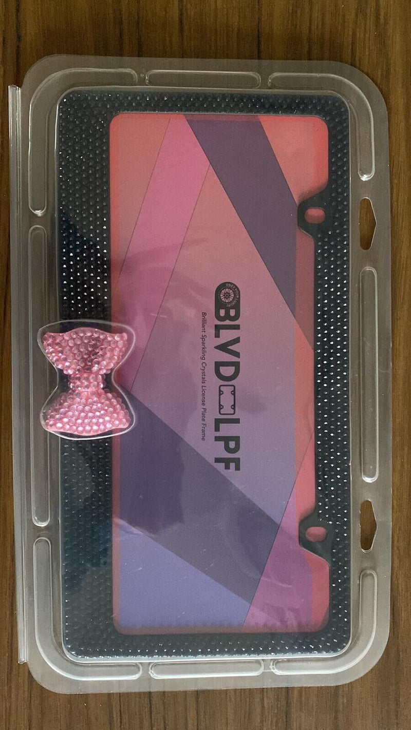Black 7 Rows Bling Diamond Crystal License Plate Frame With Pink Bow Tie