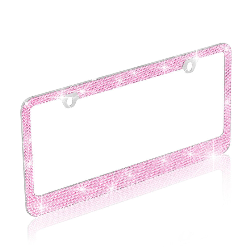 Stainless-Steel Metal Pink Crystal Bling License Plate Frame Universal Fit