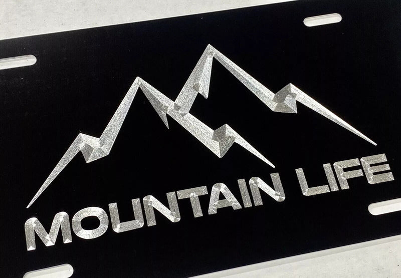 Engraved Mountain Life Car Tag Diamond Etched Black Metal License Plate Gift