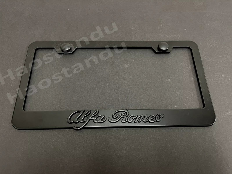1x Alfa Romeo (BLK) 3D Emblem BLACK Stainless License Plate Frame RUST FREE +S.Cap