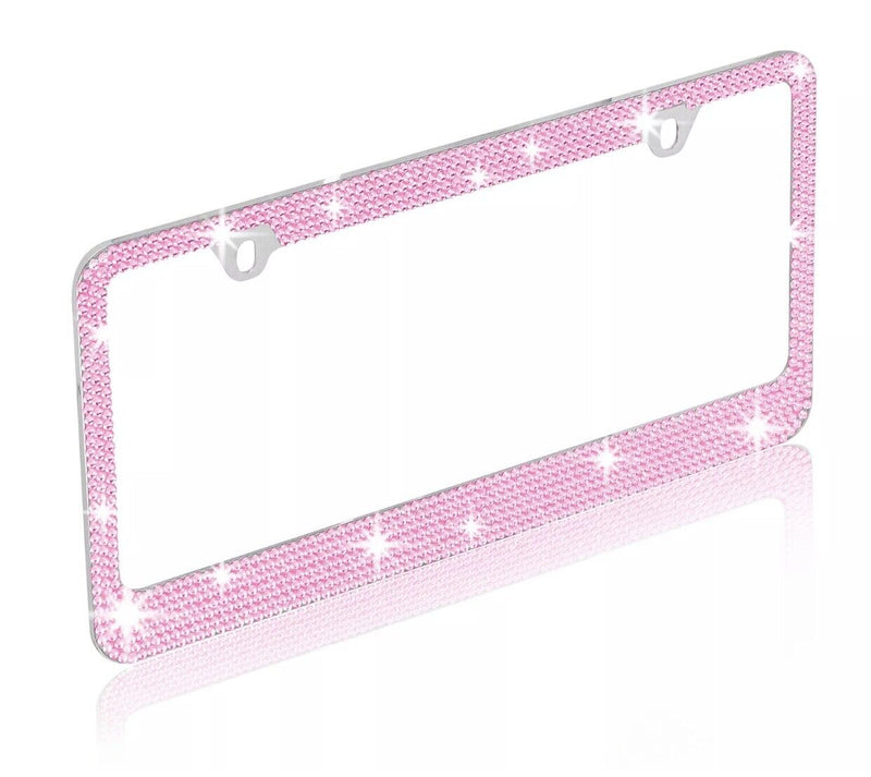 Rust Proof Metal Pink Crystal Bling License Plate Frame Universal Fit