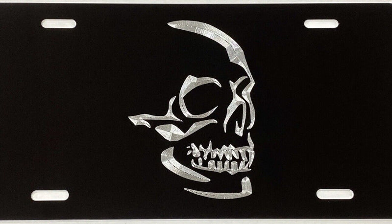 Real Engraved Aluminum Skull Car Tag Diamond Etched Black Metal License Plate
