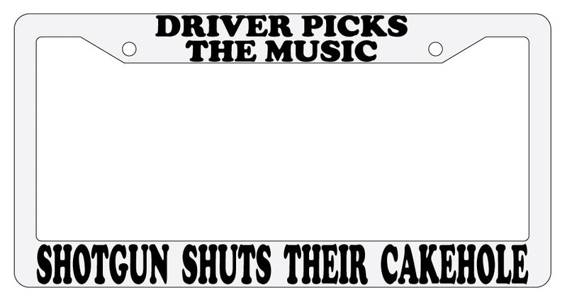 Driver Picks The Music (Design 2A) White Plastic License Plate Frame  Mod-GRAPH9856236-2214