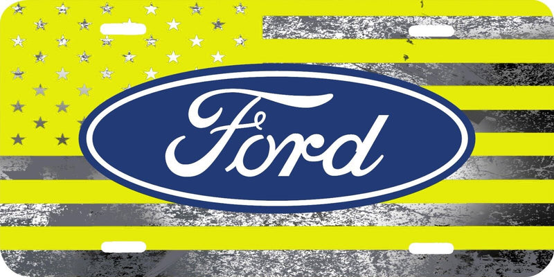 YELLOW GRAY AMERICAN FLAG BLUE FORD VEHICLE ALUMINUM LICENSE PLATE TAG .040 GA