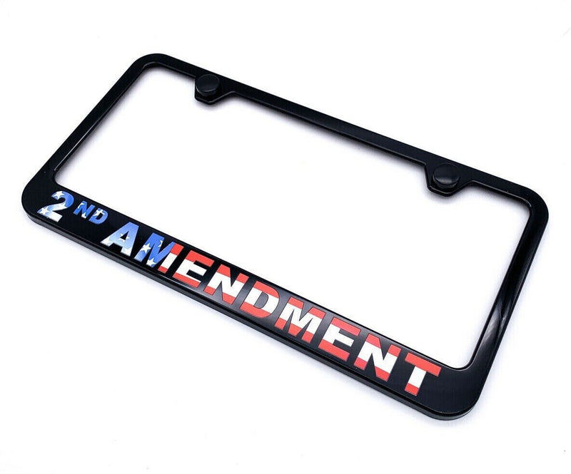 Black Plastic License Plate Frame w/ American Flag "2nd Amendment" Script