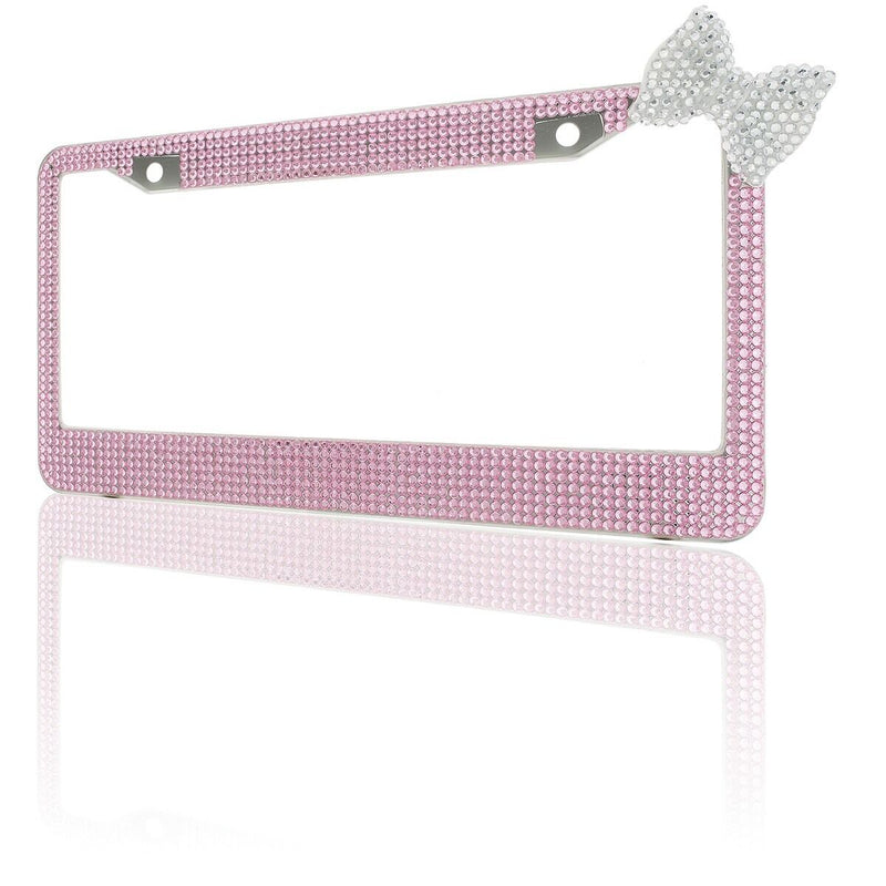 Pink 7 Rows Bling Diamond Crystal License Plate Frame With Corner Clear Bow Tie